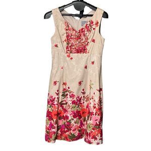 Rabbit Rabbit‎ Designs Floral Ruffle V Neck Sleeveless Dress Sz 6 Tan Pink Green